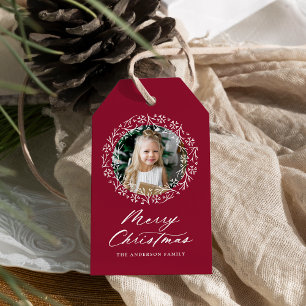 Elegant Snowflake Wreath Cranberry Holiday Photo Gift Tags