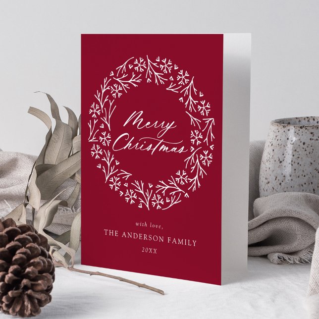 Elegant Snowflake Wreath Cranberry Non-Photo Holiday Card (Creator Uploaded)
