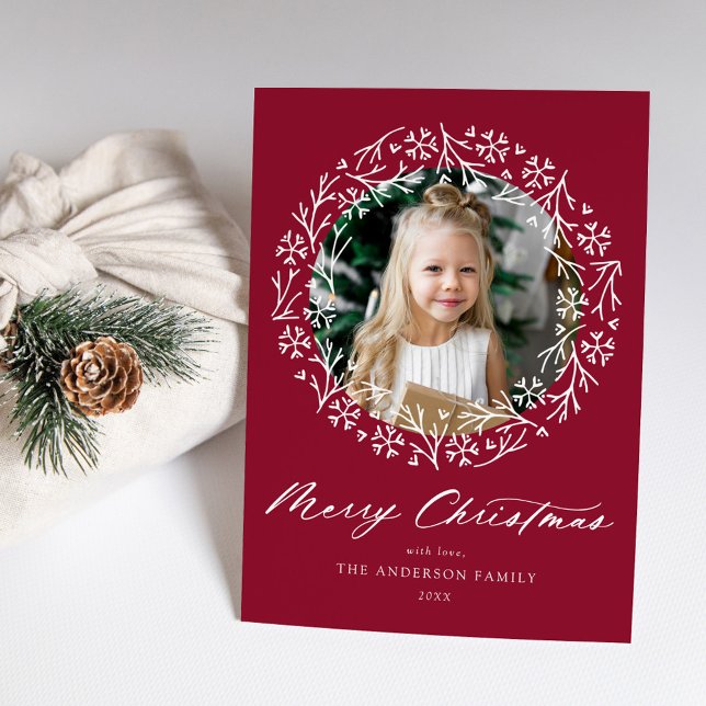 Elegant Snowflake Wreath Cranberry Photo Holiday Card (Creator Uploaded)