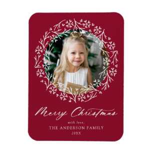 Elegant Snowflake Wreath Cranberry Photo Magnet
