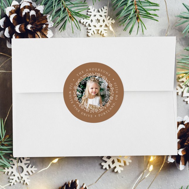 Elegant Snowflake Wreath Gingerbread Address Classic Round Sticker (Creator Uploaded)