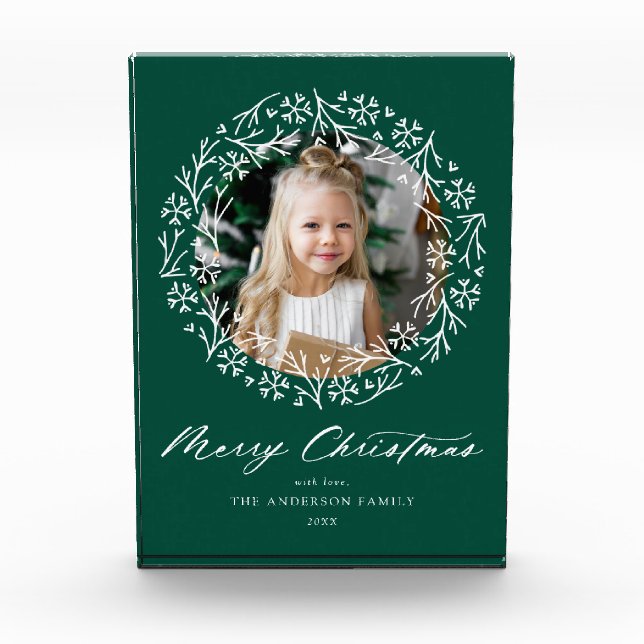 Elegant Snowflake Wreath Green Christmas Photo Block (Front)