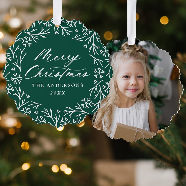 Elegant Snowflake Wreath Green Photo Christmas Tree Decoration Card (Creator Uploaded)