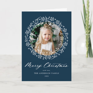 Elegant Snowflake Wreath Navy 2 Photo Holiday Card