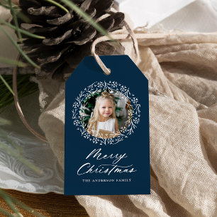 Elegant Snowflake Wreath Navy Holiday Photo Gift Tags