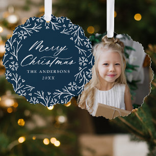 Elegant Snowflake Wreath Navy Photo Christmas Tree Decoration Card