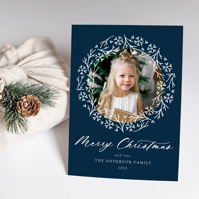 Elegant Snowflake Wreath Navy Photo Holiday Card (Creator Uploaded)