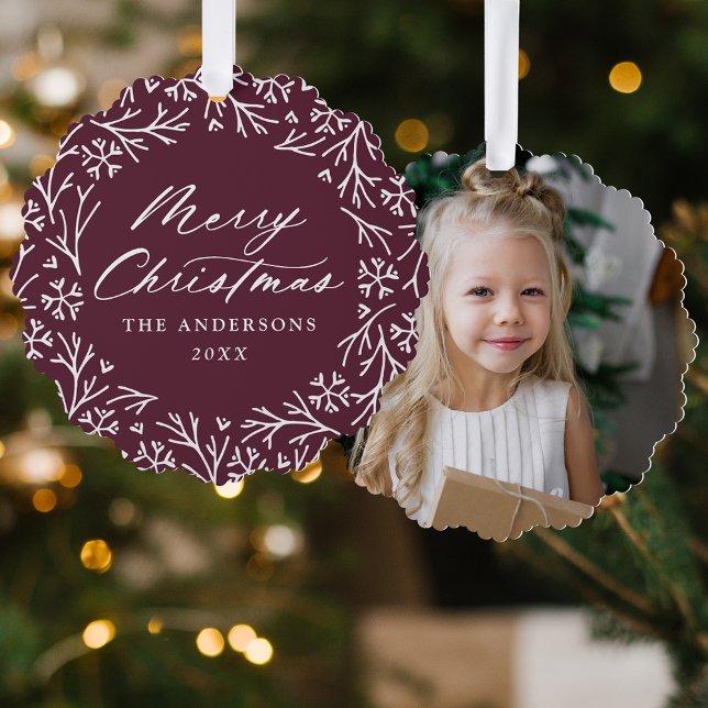 Elegant Snowflake Wreath Purple Photo Christmas Tree Decoration Card (Creator Uploaded)