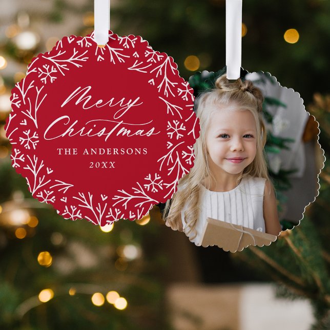 Elegant Snowflake Wreath Red Photo Christmas Tree Decoration Card (Creator Uploaded)