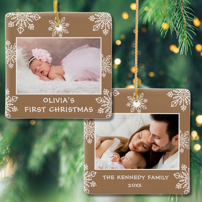 Elegant Snowflakes 2 Photo  Baby First Christmas Ceramic Ornament (Creator Uploaded)