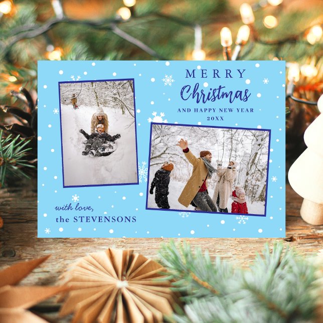 Elegant Snowflakes 2 Photo Blue Merry Christmas Holiday Card (Creator Uploaded)