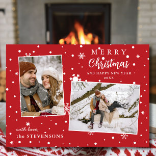 Elegant Snowflakes 2 Photo Red Merry Christmas Holiday Card