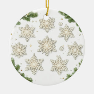 Elegant Snowflakes and Pine Branches Ceramic Tree Decoration