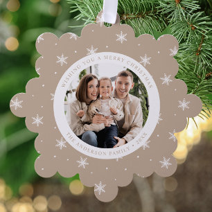 Elegant Snowflakes Beige 2 Photo Holiday Tree Decoration Card