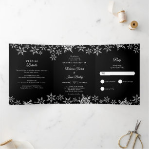 Elegant Snowflakes Black & White Winter Wedding Tri-Fold Invitation