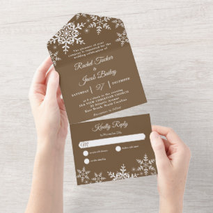 Elegant Snowflakes Christmas Winter Brown Wedding All In One Invitation