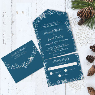 Elegant Snowflakes Dark Blue Christmas Wedding All In One Invitation