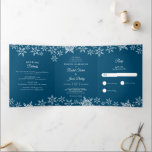 Elegant Snowflakes Dark Blue Navy Winter Wedding Tri-Fold Invitation<br><div class="desc">This all-in-one wedding design features an elegant snowflakes border. Click the customise button for more flexibility in modifying the text. Variations of this design, different paper types, as well as coordinating products are available in our shop, zazzle.com/store/doodlelulu. Contact us if you need this design applied to a specific product to...</div>