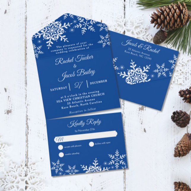 Elegant Snowflakes Deep Blue Winter Wedding All In One Invitation (Creator Uploaded)