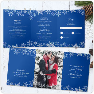 Elegant Snowflakes Deep Blue Winter Wedding Tri-Fold Invitation