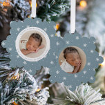Elegant Snowflakes Ice Blue Baby's First Christmas Tree Decoration Card<br><div class="desc">Celebrate your baby's first Christmas with friends and family with our Elegant Ice Blue and White Snowflake baby's first Christmas ornament card. The front of the card displays your baby's photo encircled by a white frame with a light winter blue and white snowflake patterned background. Personalise the front of the...</div>