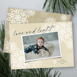 Elegant Snowflakes Love And Light Hanukkah Photo H Holiday Card<br><div class="desc">Elegant White Winter Snowflakes Flower 'Love And Light' In Handwriting Script, Hanukkah Photo Card. The handwriting script and background can be changed to any colour of your choice. Designed / original artwork by fat*fa*tin. Easy to personalise with your own text message, name, year, photo, or image. More editing features are...</div>