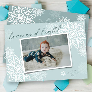 Elegant Snowflakes Love And Light Hanukkah Photo Holiday Card