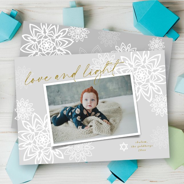 Elegant Snowflakes Love And Light Hanukkah Photo Holiday Card (Creator Uploaded)
