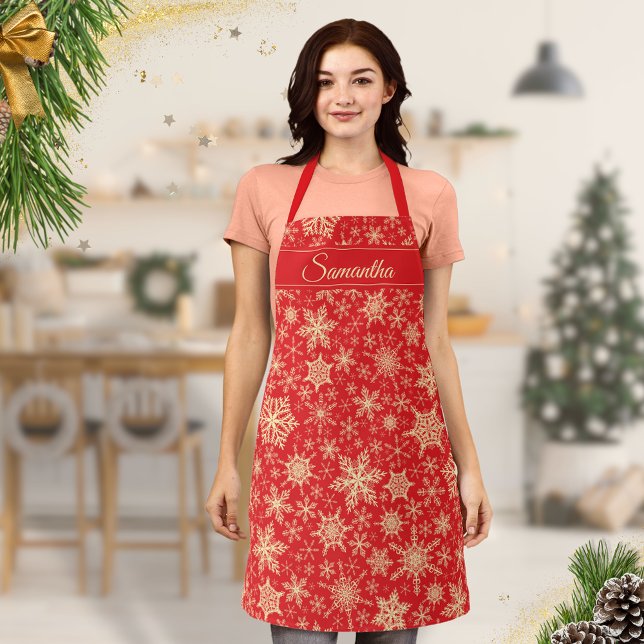 Elegant Snowflakes Monogrammed Red Christmas Apron (Creator Uploaded)