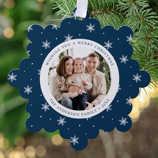 Elegant Snowflakes Navy 2 Photo Holiday Tree Decoration Card (Creator Uploaded)