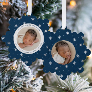 Elegant Snowflakes Navy Baby's First Christmas Tree Decoration Card
