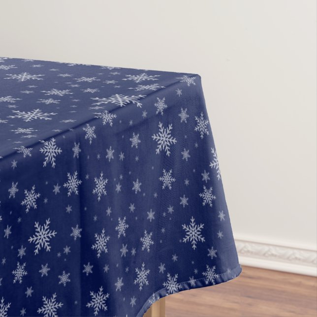 Elegant Snowflakes on Navy Blue Tablecloth (In Situ)