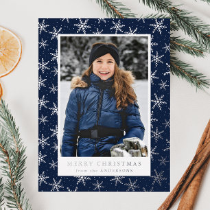Elegant Snowflakes Photo Navy and Silver Foil Holiday Postcard