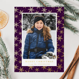Elegant Snowflakes Photo Purple and Gold Foil Holiday Postcard
