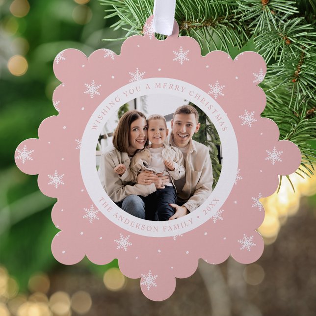 Elegant Snowflakes Pink 2 Photo Holiday Tree Decoration Card (Creator Uploaded)