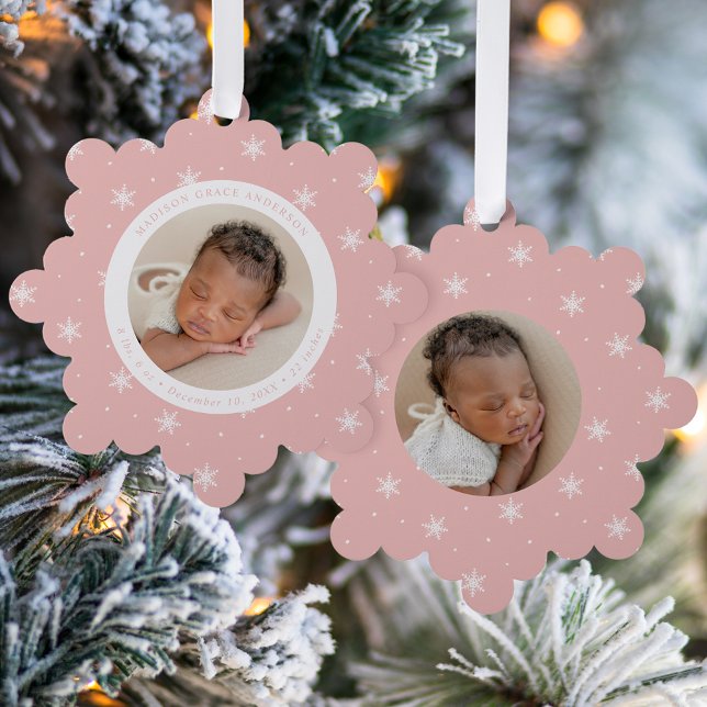 Elegant Snowflakes Pink Baby's First Christmas Tree Decoration Card (Creator Uploaded)