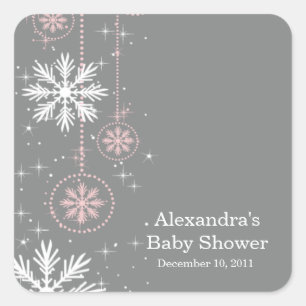 Elegant Snowflakes Pink & Grey Baby Shower Square Sticker