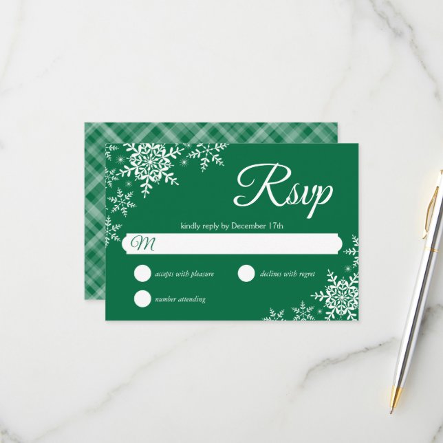 Elegant Snowflakes Plaid Dark Green Wedding RSVP (Front/Back In Situ)
