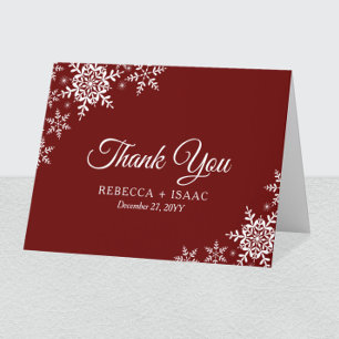 Elegant Snowflakes Plaid Dark Red Wedding Thank You Card