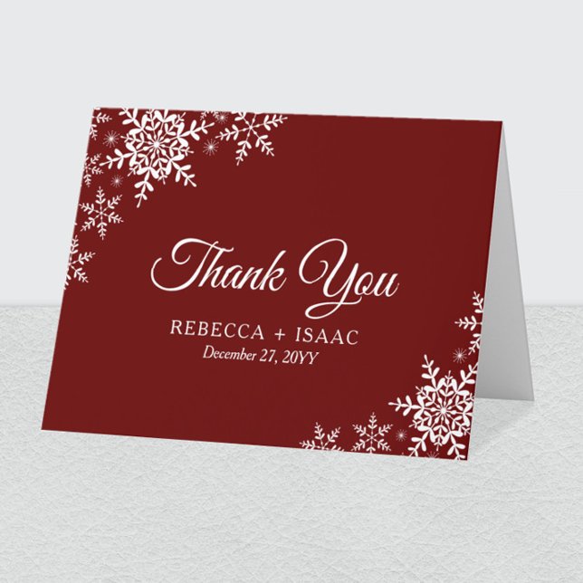 Elegant Snowflakes Plaid Dark Red Wedding Thank You Card (Creator Uploaded)