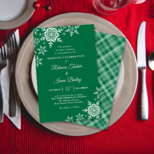 Elegant Snowflakes Plaid Green Wedding Invitation