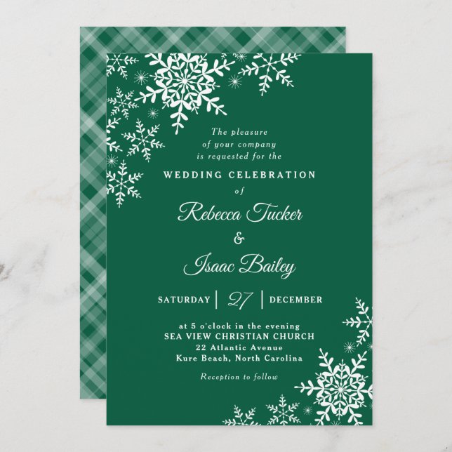 Elegant Snowflakes Plaid Hunter Green Wedding Invitation (Front/Back)