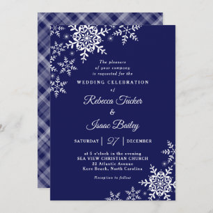 Elegant Snowflakes Plaid Navy Blue Wedding Invitation