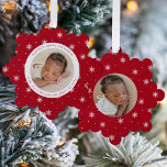 Elegant Snowflakes Red Baby's First Christmas Tree Decoration Card<br><div class="desc">Celebrate your baby's first Christmas with friends and family with our Elegant Red and White Snowflake baby's first Christmas ornament card. The front of the card displays your baby's photo encircled by a white frame with a red and white snowflake patterned background. Personalise the front of the snowflake ornament card...</div>