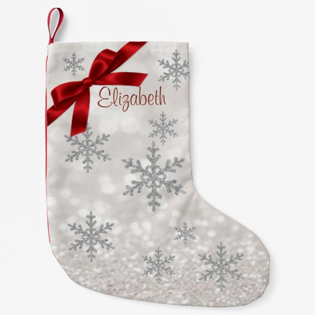 Elegant Snowflakes,Red Bow,Glittery -Personalised Small Christmas Stocking (Front)