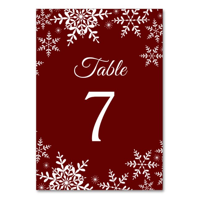 Elegant Snowflakes Red Christmas Winter Wedding Table Number (Front)