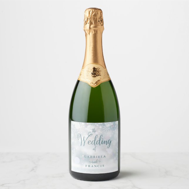 Elegant Snowflakes Script Winter Wedding Sparkling Wine Label (Front)