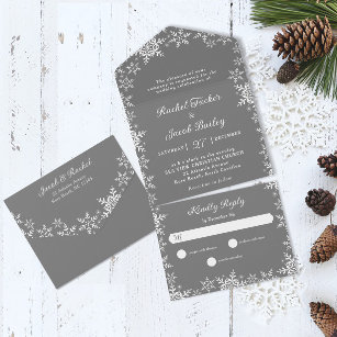 Elegant Snowflakes Silver Grey Christmas Wedding All In One Invitation