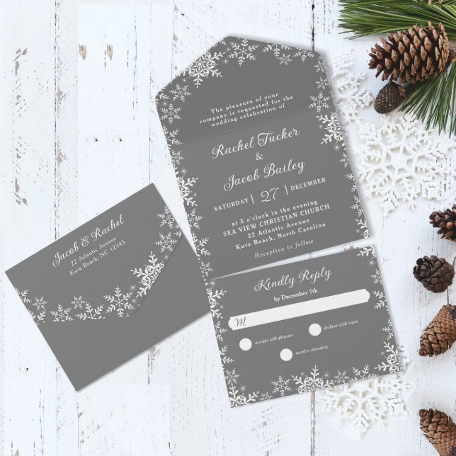 Elegant Snowflakes Silver Grey Christmas Wedding All In One Invitation (Creator Uploaded)