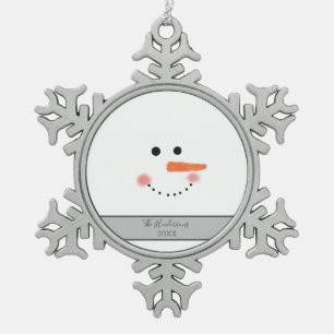 Elegant Snowman Handwritten Script Family Name Snowflake Pewter Christmas Ornament